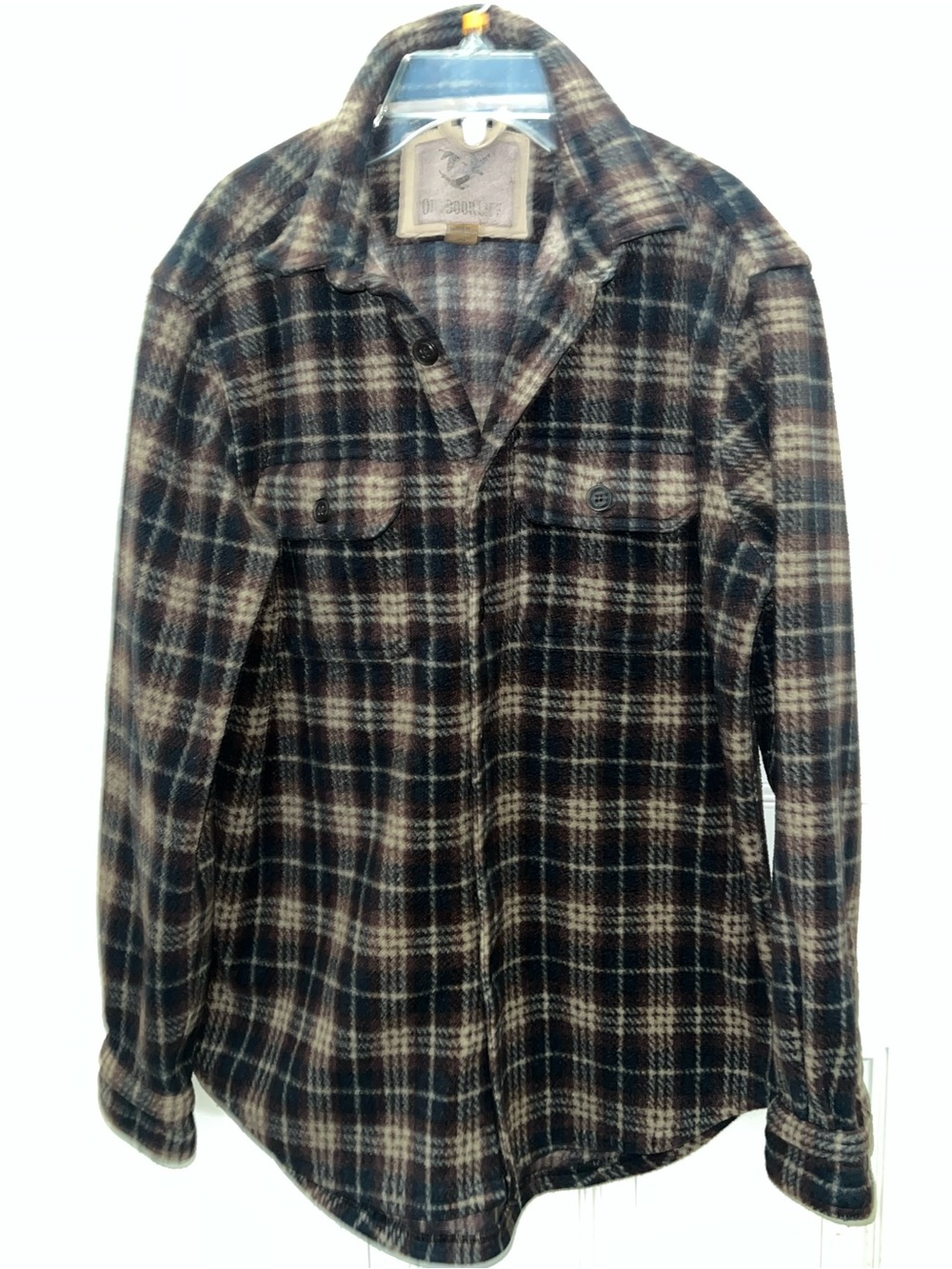 Men’s Outdoorlife Brown Black Plaid Hiking Button Down Shacket Sz Medium